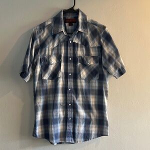 Canyon Guide outfitters blue and tan plaid pearl snap down shirt size medium